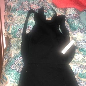 High neck open back black dress